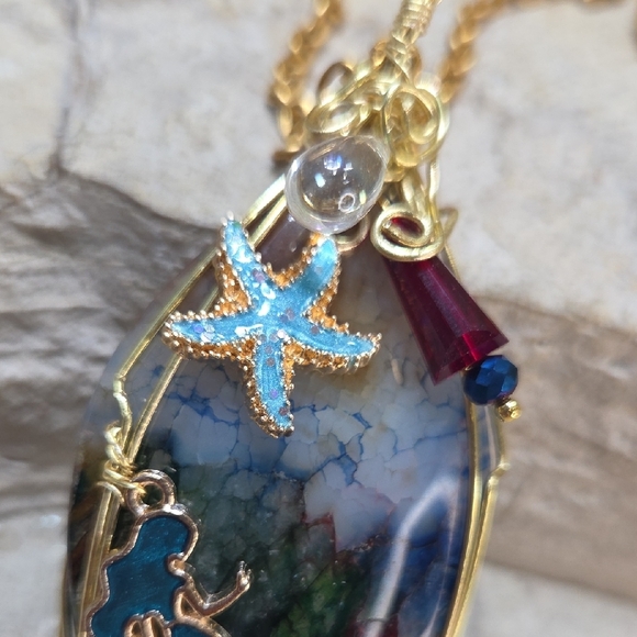 Wirewrapped Multi Color Agate Stone Mermaid Pendant Necklace - Picture 5 of 9